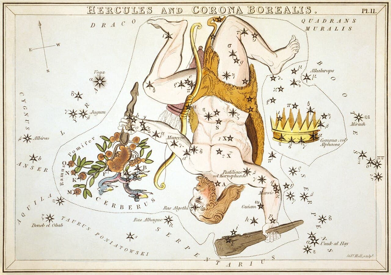 Hercules (kneeling) and Corona Borealis — Urania's Mirror, plate 8